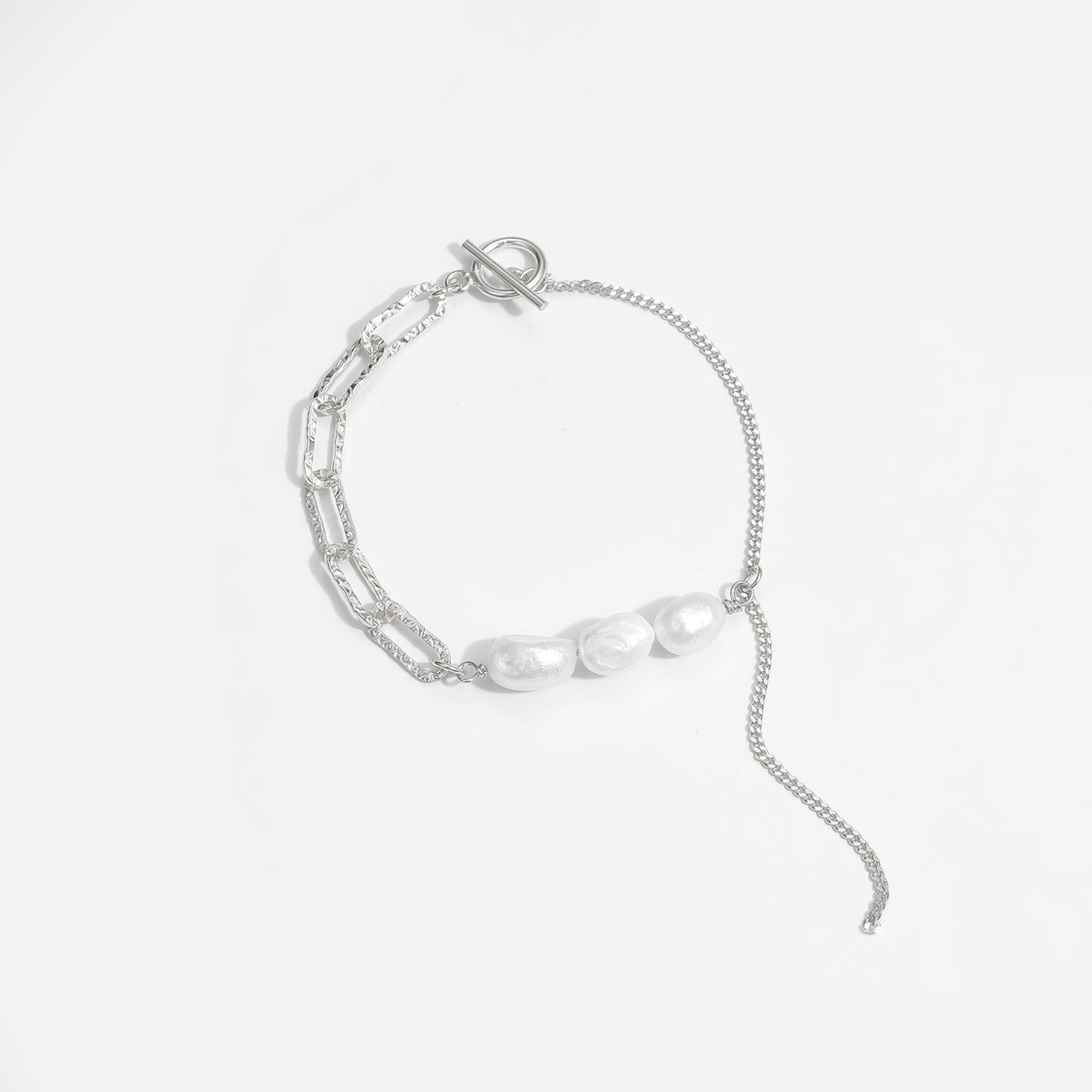 Asymmetry Hollow Chain Baroque Natural Pearl 925 Sterling Silver Bracelet