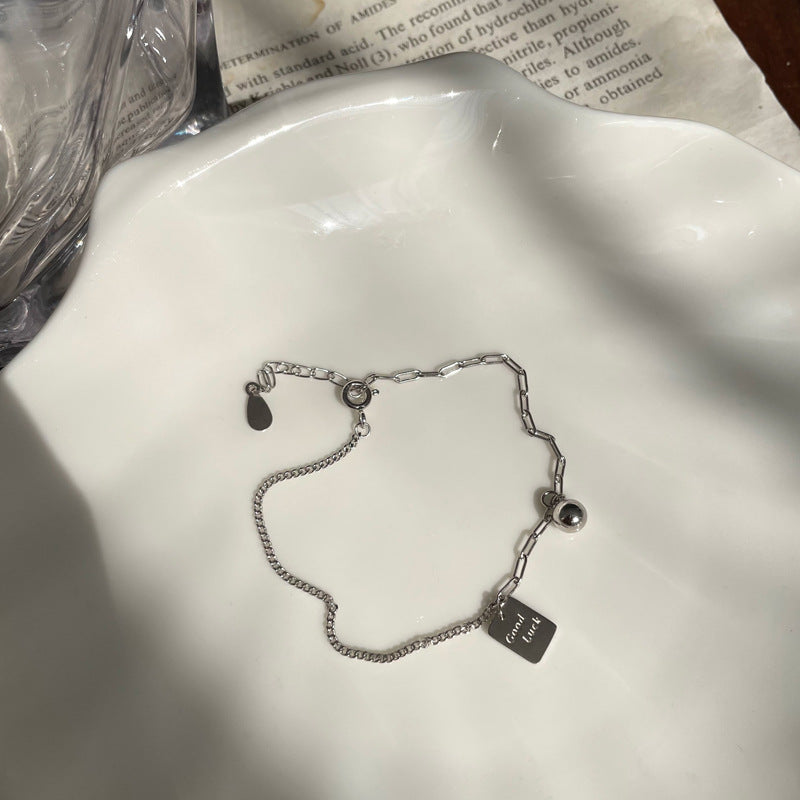 Casual Good Luck Letters Tag Beads Curb Chain 925 Sterling Silver Bracelet