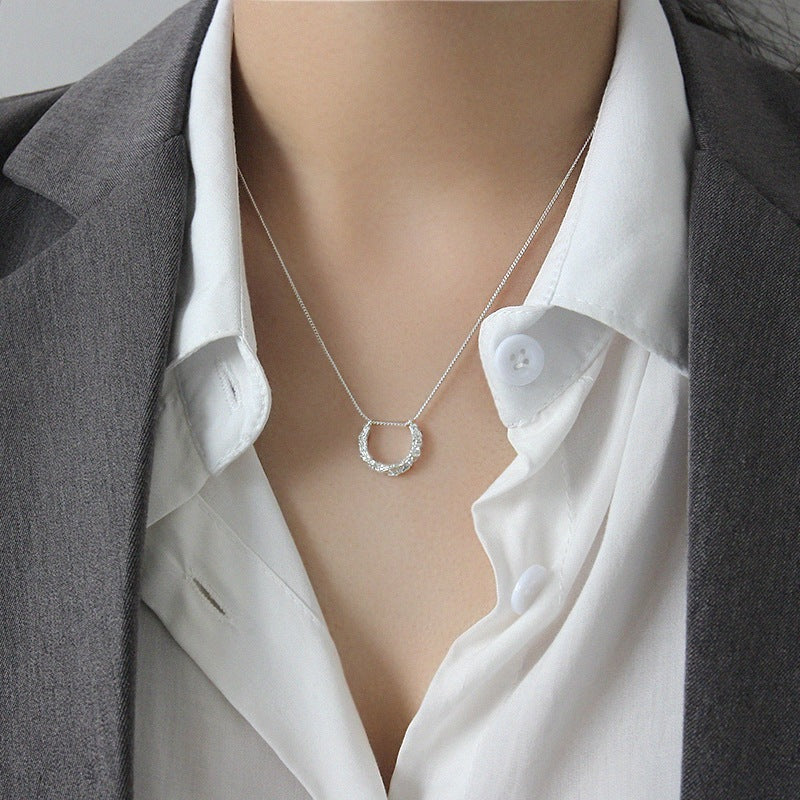 Classic Geometric Irregular Surface Semicircle 925 Sterling Silver Necklace