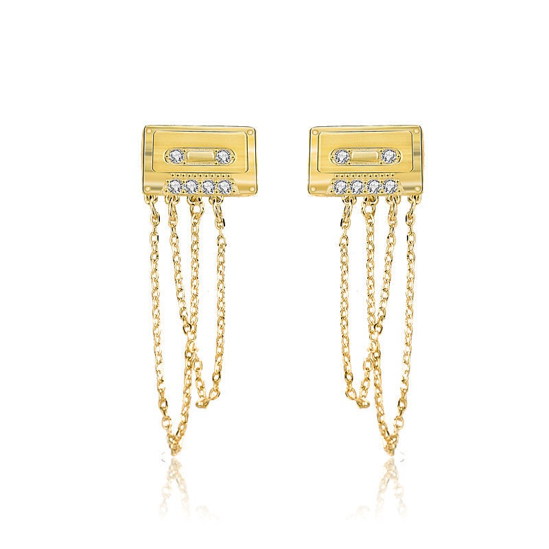 Fashion CZ Tape-Recorder Tassels 925 Sterling Silver Dangling Earrings