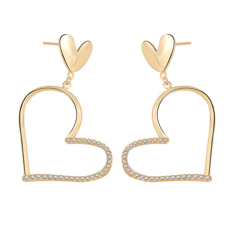 Modern Irregular Big Hollow CZ Heart 925 Sterling Silver Dangling Earrings