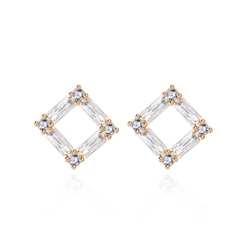 Office Geometry CZ Hollow Square 925 Sterling Silver Stud Earrings