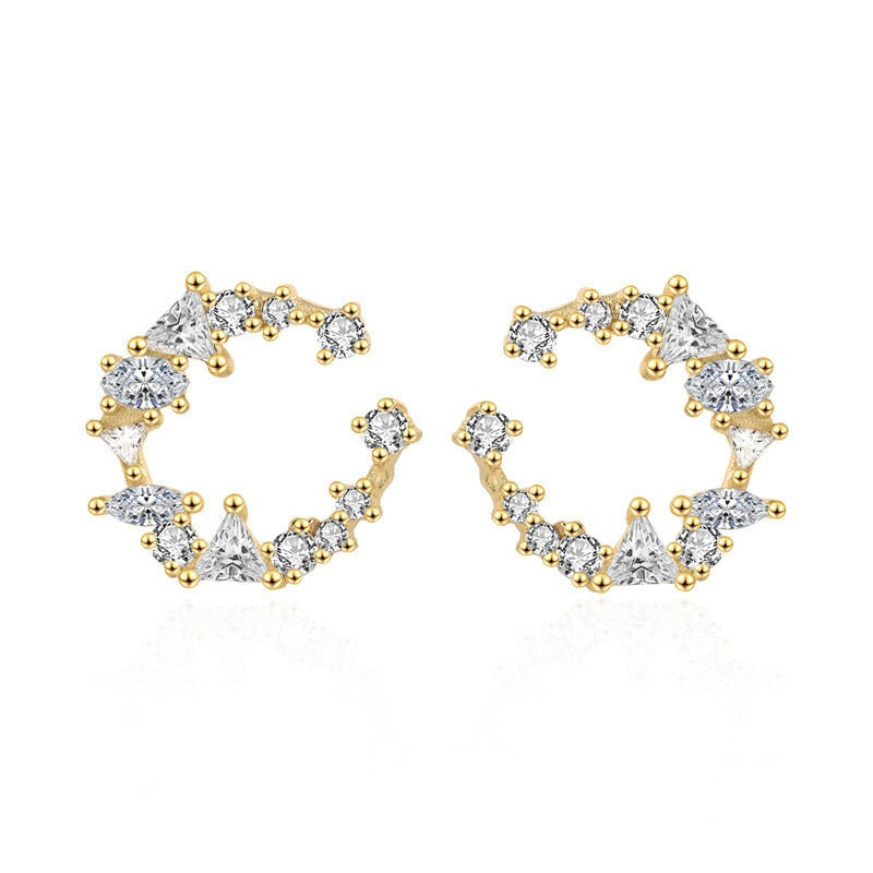 Sweet CZ Crescent Moon Circle 925 Sterling Silver Stud Earrings