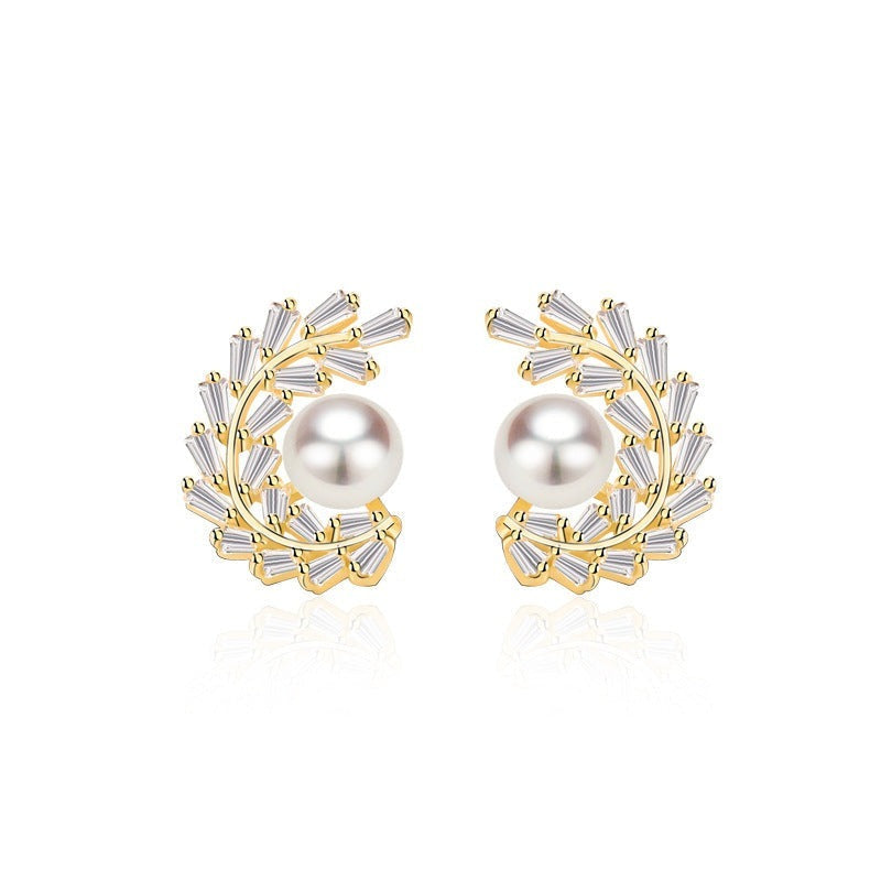 Women Shell Pearl CZ Garland 925 Sterling Silver Stud Earrings