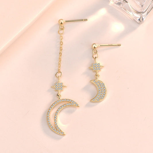 Asymmetry CZ Crescent Moon Star Hot 925 Sterling Silver Dangling Earrings