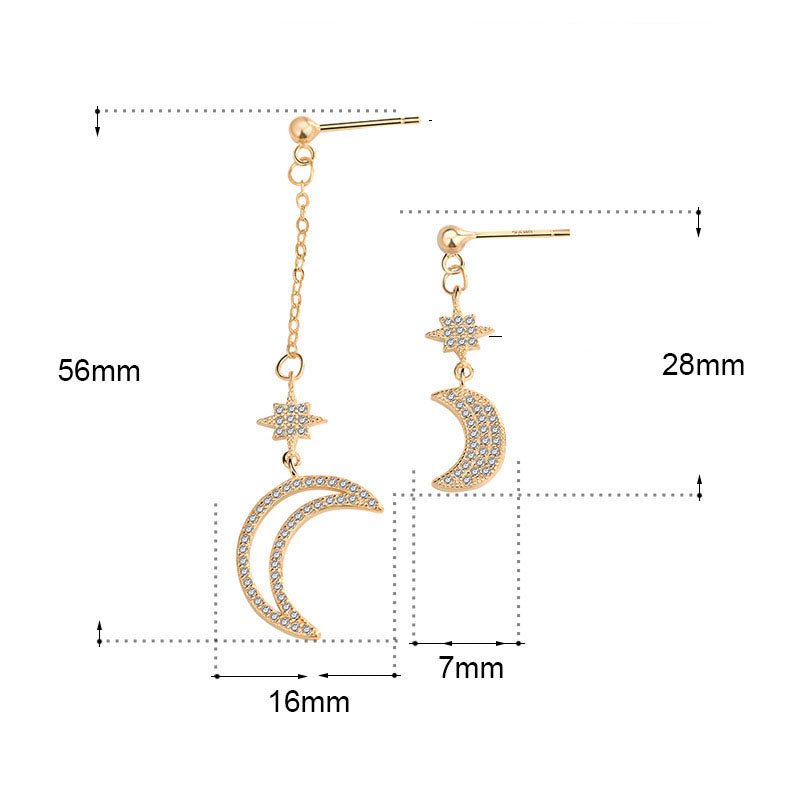 Asymmetry CZ Crescent Moon Star Hot 925 Sterling Silver Dangling Earrings