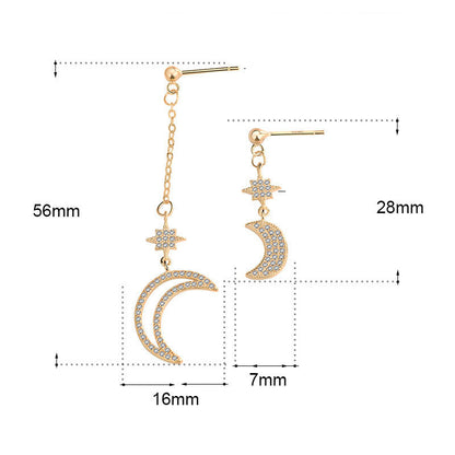 Asymmetry CZ Crescent Moon Star Hot 925 Sterling Silver Dangling Earrings