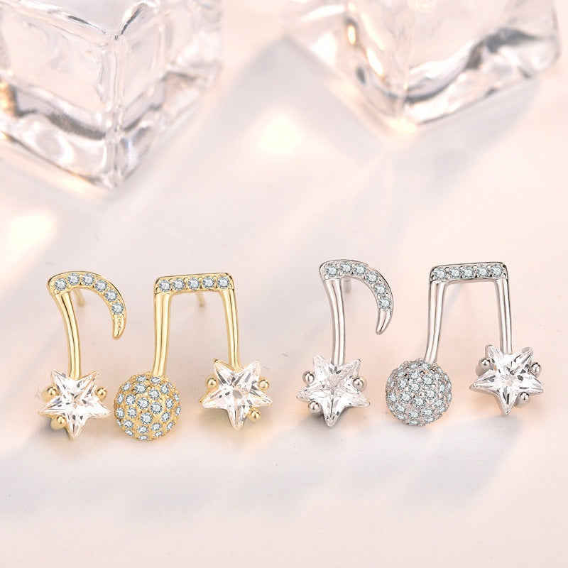Asymmetry CZ Music Note Hot 925 Sterling Silver Stud Earrings
