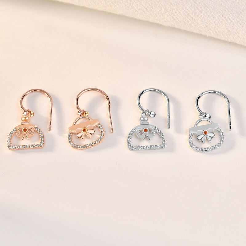Asymmetry Girl CZ Perfume Bottle Bag 925 Sterling Silver Dangling Earrings