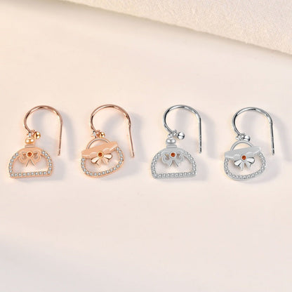 Asymmetry Girl CZ Perfume Bottle Bag 925 Sterling Silver Dangling Earrings