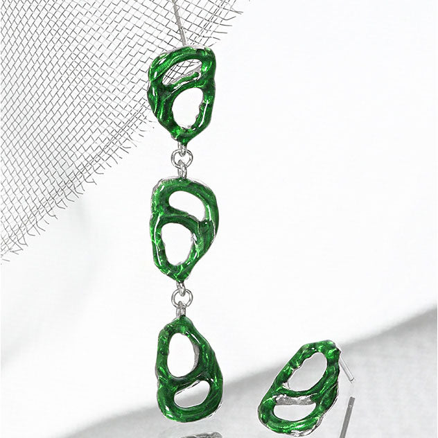 Asymmetry Green Hollow Pig Noise 925 Sterling Silver Dangling Earrings