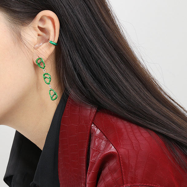 Asymmetry Green Hollow Pig Noise 925 Sterling Silver Dangling Earrings