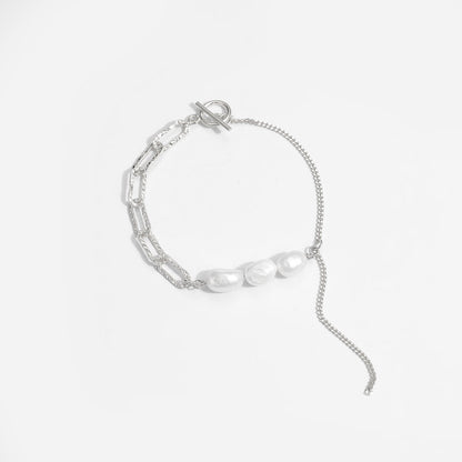 Asymmetry Hollow Chain Baroque Natural Pearl 925 Sterling Silver Bracelet