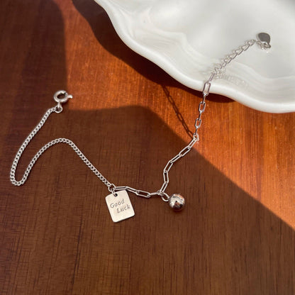 Casual Good Luck Letters Tag Beads Curb Chain 925 Sterling Silver Bracelet