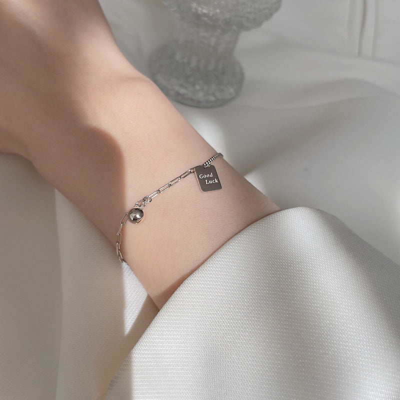 Casual Good Luck Letters Tag Beads Curb Chain 925 Sterling Silver Bracelet