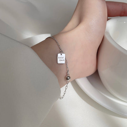 Casual Good Luck Letters Tag Beads Curb Chain 925 Sterling Silver Bracelet