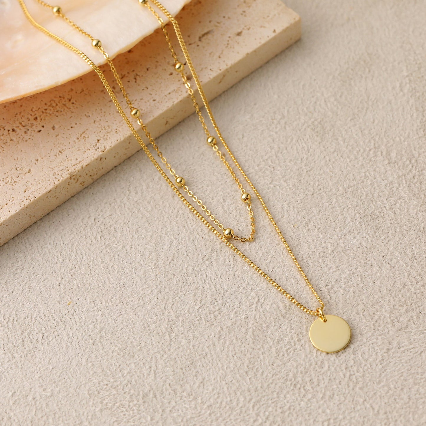 Choker Double Beads Chain Tag Coin 925 Sterling Silver Necklace