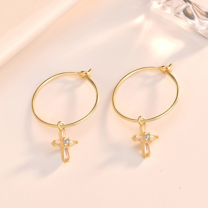 Classic CZ Cross Circle 925 Sterling Silver Hoop Earrings