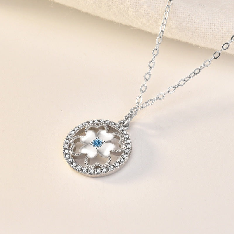 Classic Hollow CZ Four Leaves Clover 925 Sterling Silver Necklace