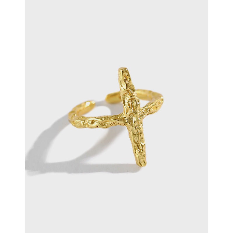 Classic Irregular Beaten Cross 925 Sterling Silver Adjustable Ring