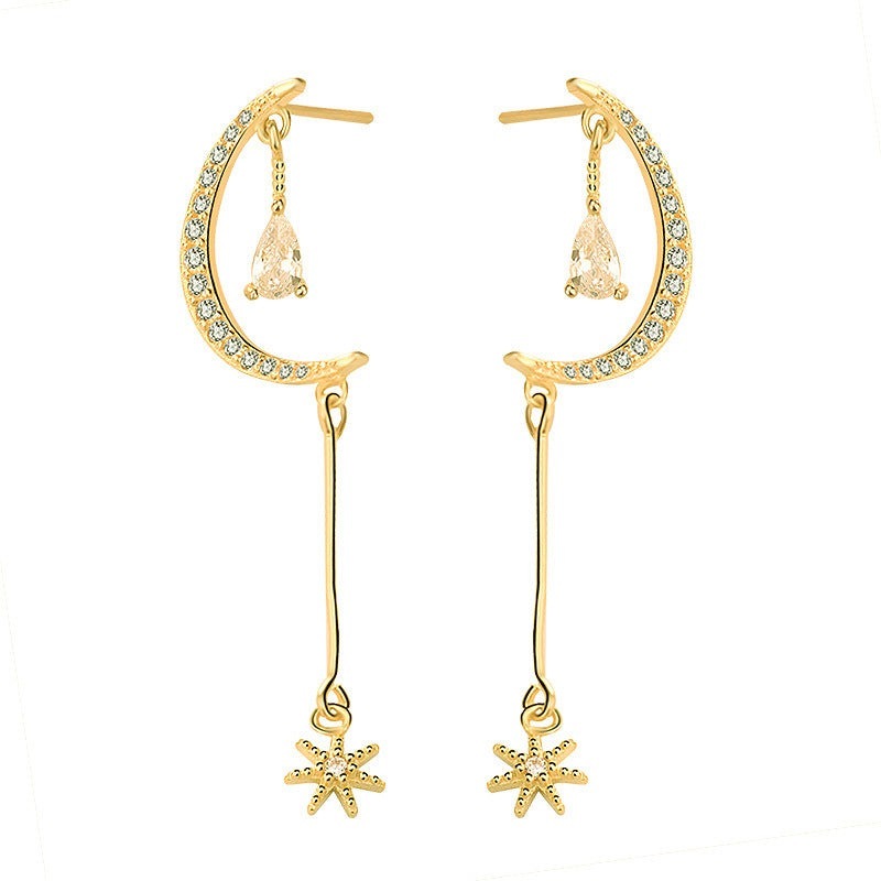 Elegant CZ Crescent Moon Stars 925 Sterling Silver Dangling Earrings