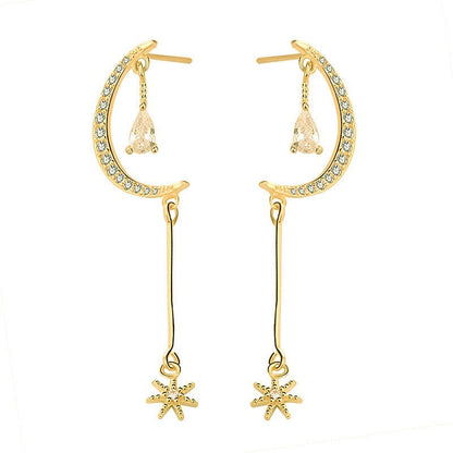 Elegant CZ Crescent Moon Stars 925 Sterling Silver Dangling Earrings