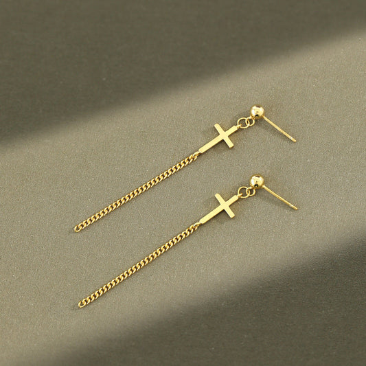 Elegant Cross Curb Chain 925 Sterling Silver Dangling Earrings