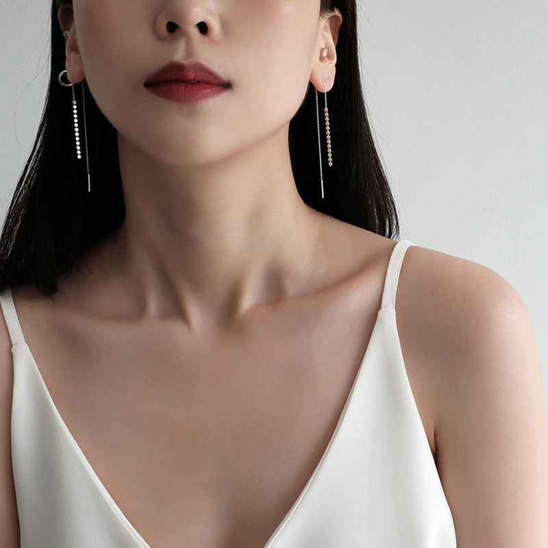 Elegant Flat Beads Tassels 925 Sterling Silver Thread Dangling Earrings