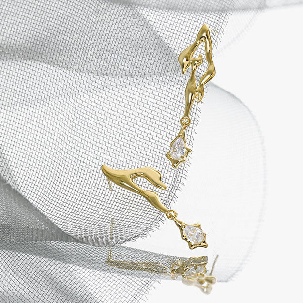 Elegant Irregular CZ Burning Flame 925 Sterling Silver Dangling Earrings