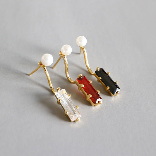 Elegant Shell Pearl Rectangle CZ Geometry 925 Sterling Silver Stud Earring Single