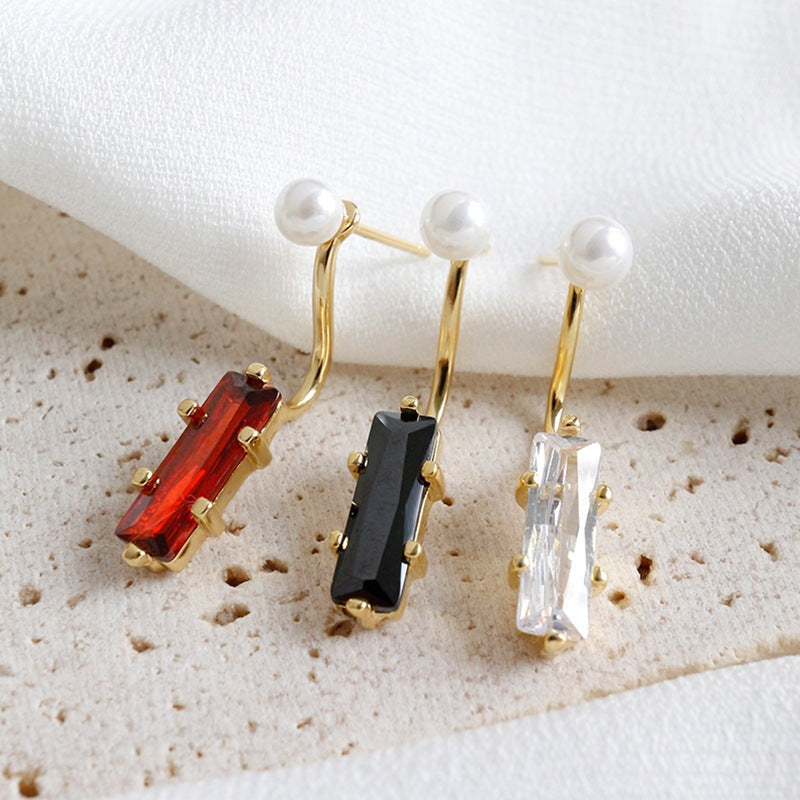 Elegant Shell Pearl Rectangle CZ Geometry 925 Sterling Silver Stud Earring Single