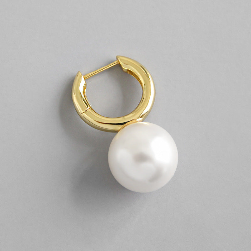 Fashion Big Round Shell Pearl 925 Sterling Silver Hoop Earring Single