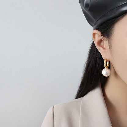 Fashion Big Round Shell Pearl 925 Sterling Silver Hoop Earring Single