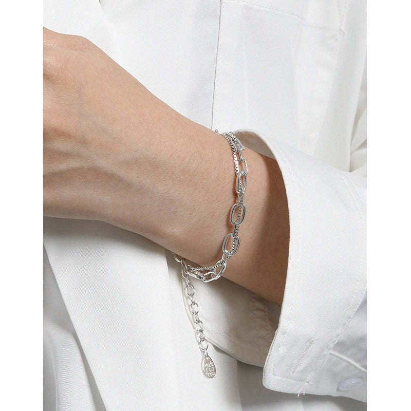 Fashion Double Layers Box Rolo Chain 925 Sterling Silver Bracelet