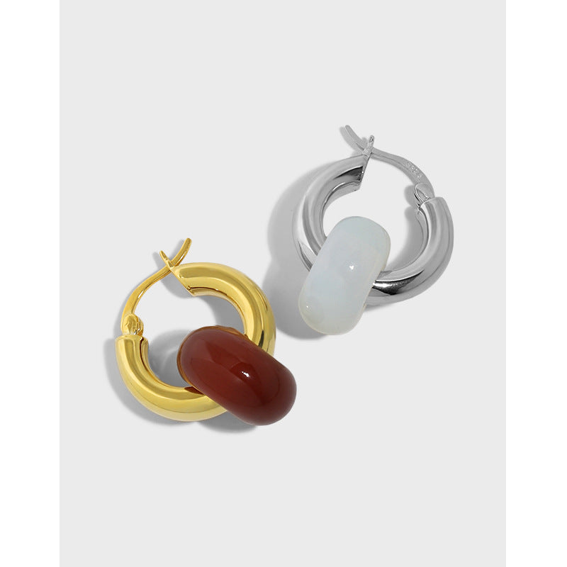 Fashion Natural Agate/Topaz/Aventurine Quartz/Opal Loop Circle 925 Sterling Silver Huggie Hoop Earring Single