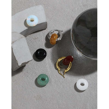 Fashion Natural Agate/Topaz/Aventurine Quartz/Opal Loop Circle 925 Sterling Silver Huggie Hoop Earring Single