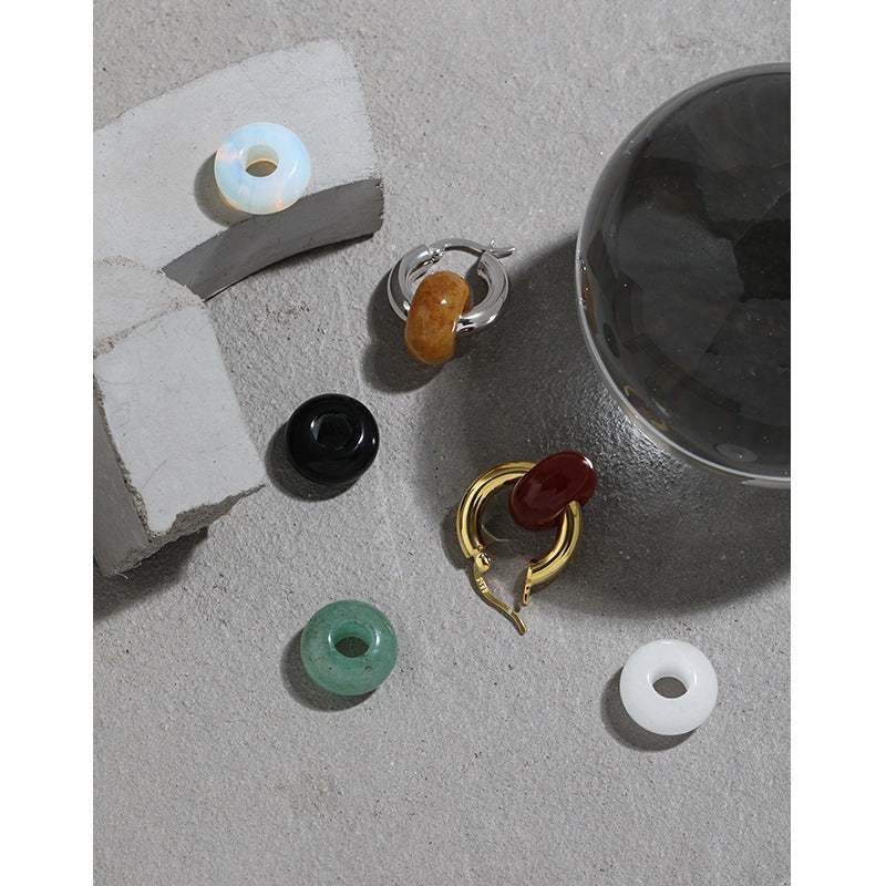 Fashion Natural Agate/Topaz/Aventurine Quartz/Opal Loop Circle 925 Sterling Silver Huggie Hoop Earring Single