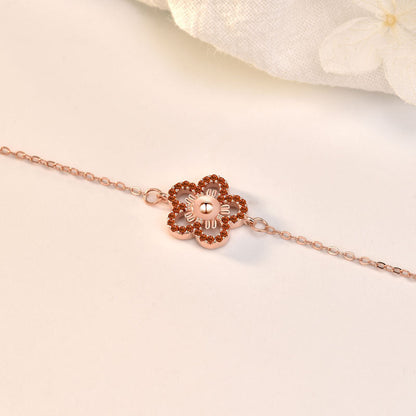 Gift CZ Hollow Red CZ Flower 925 Sterling Silver Bracelet