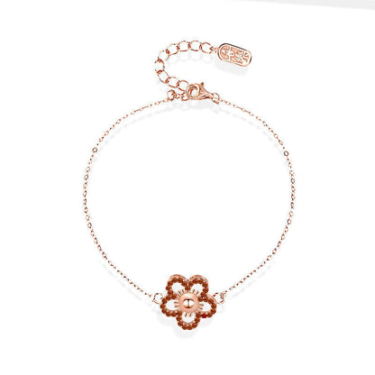 Gift CZ Hollow Red CZ Flower 925 Sterling Silver Bracelet