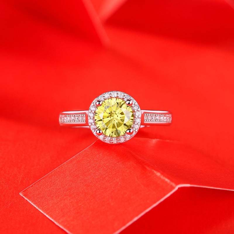 Gift Yellow Round Moissanite CZ 925 Sterling Silver Adjustable Ring