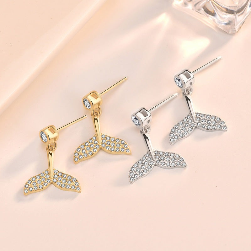 Girl Hot CZ Mermaid Fish Tail 925 Sterling Silver Stud Earrings
