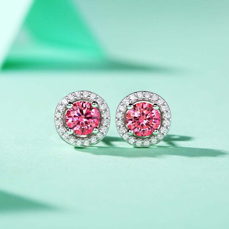 Girl Pink Round Moissanite CZ 925 Sterling Silver Stud Earrings