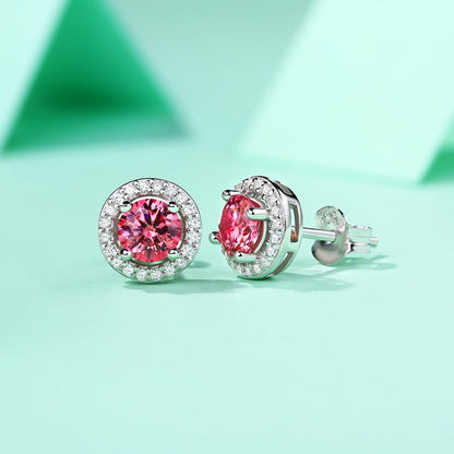 Girl Pink Round Moissanite CZ 925 Sterling Silver Stud Earrings