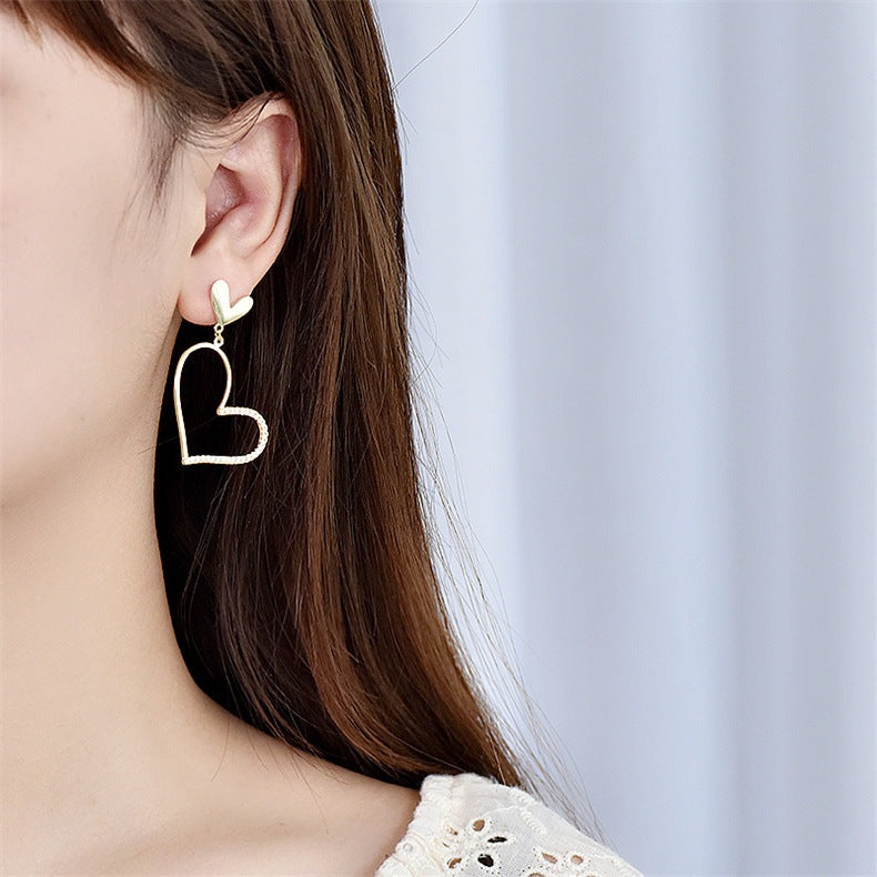 Modern Irregular Big Hollow CZ Heart 925 Sterling Silver Dangling Earrings