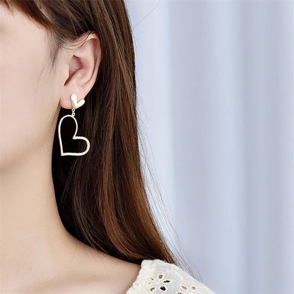 Modern Irregular Big Hollow CZ Heart 925 Sterling Silver Dangling Earrings