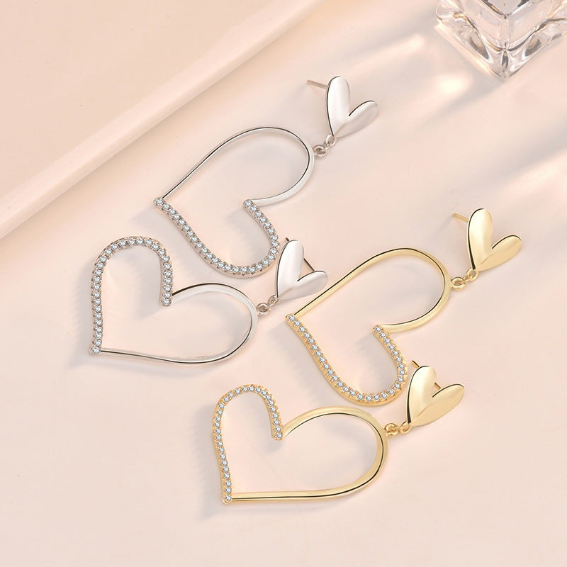 Modern Irregular Big Hollow CZ Heart 925 Sterling Silver Dangling Earrings