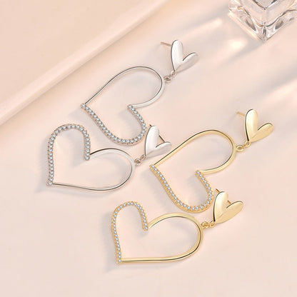 Modern Irregular Big Hollow CZ Heart 925 Sterling Silver Dangling Earrings