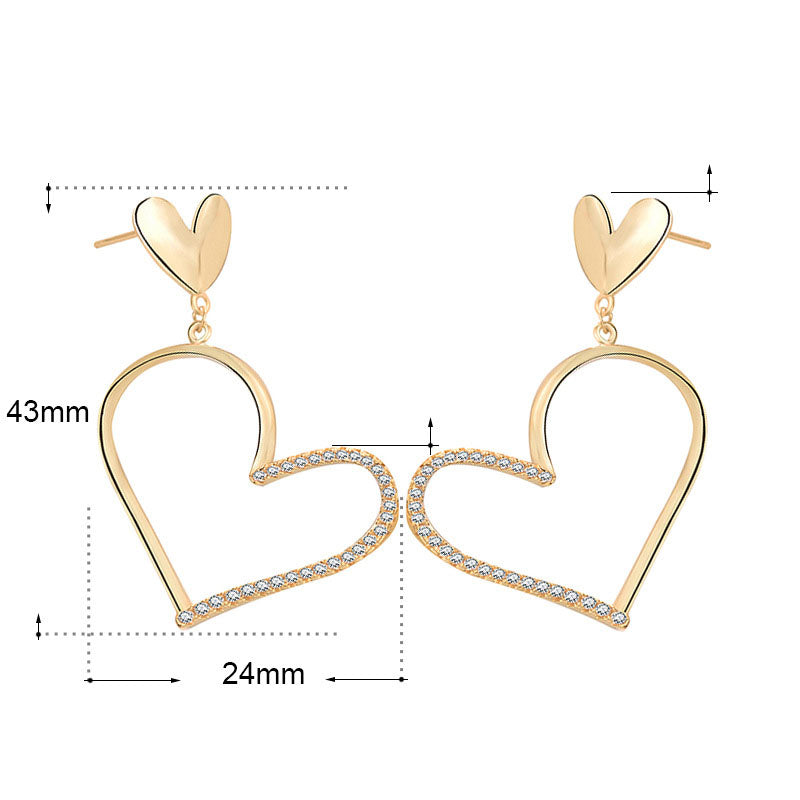 Modern Irregular Big Hollow CZ Heart 925 Sterling Silver Dangling Earrings