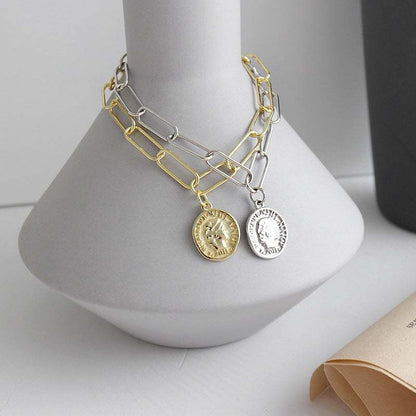 Office Portrait Coin Curb Chain 925 Sterling Silver Bracelet