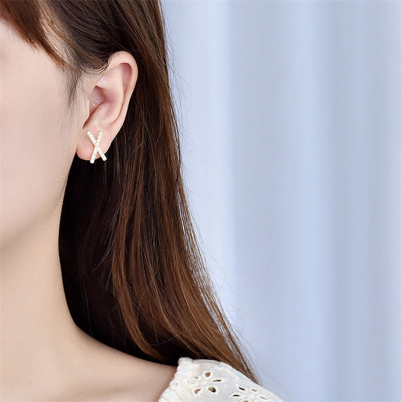 Simple CZ Letter X Cross 925 Sterling Silver Stud Earrings